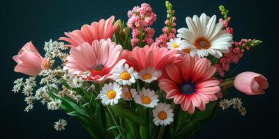 Beautiful floral arrangement featuring pink, white, and yellow blooms set against a dark background photo