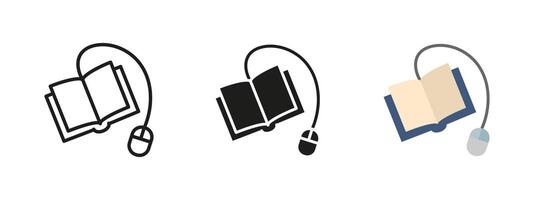 Electronic book reader icon. Book with mouse and cord illustration. Digital reading concept with modern technology. Online learning and education through digital devices. vector