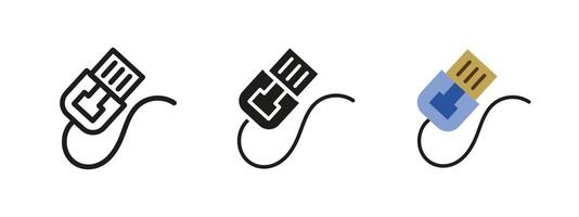 Network patch cord icon. Ethernet cable plug illustration. Data connection wire symbol. Digital signal transmission cord. Internet device interface pictogram. vector