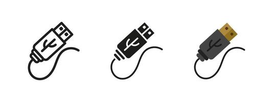USB connector icon. Data cable with a USB plug illustration. Essential computer accessory symbol for power and data transfer. Technology and electronics concept pictogram. vector