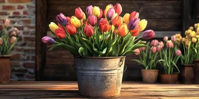 Colorful tulips in a rustic bucket on a wooden table with more flowers in the background during a sunny day in a garden setting photo