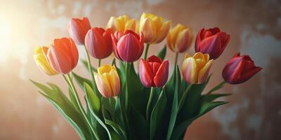 Colorful tulip bouquet displayed indoors with soft lighting creating a warm atmosphere photo