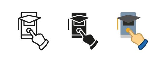 Online graduation icon. Online education and learning with degree certification. Virtual study with phone, finger pressing button for graduation ceremony. E-learning illustration for school. vector