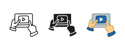 play icon. Hand clicking play button illustration. Digital technology concept. Media interaction on laptop screen. Online education. Multimedia and communication through online devices. vector