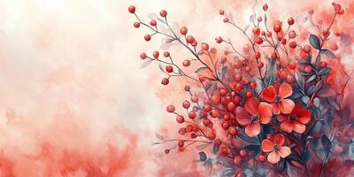 Colorful floral arrangement featuring red flowers and berries with a soft gradient backdrop photo