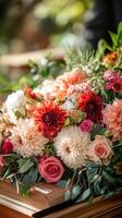 Bright floral arrangement featuring diverse blooms in a natural setting during a warm afternoon photo