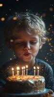 Child celebrates birthday by blowing out candles on a decorated cake with sparkling lights in a cozy indoor setting photo