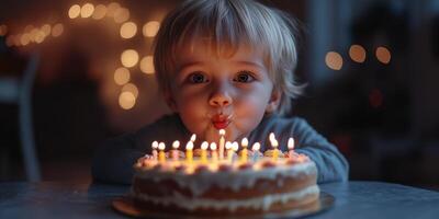 Child about to blow out birthday candles on a cake during a celebration with warm lights in the background photo