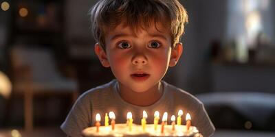 Young boy celebrating his birthday with a cake full of candles in a cozy and dimly lit room during nighttime photo