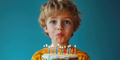 Young boy celebrating birthday with cake and candles in a cozy indoor setting photo