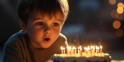 Young boy excitedly prepares to blow out birthday candles on a decorated cake during an evening celebration with warm lights photo