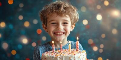 Smiling child celebrating birthday with colorful cake and candles in bright festive atmosphere photo