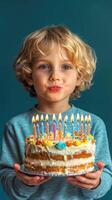 Young child with curly hair blowing out birthday cake candles in a cozy indoor setting photo