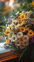 Colorful bouquet of roses and wildflowers arranged beautifully on a bright window sill during daytime photo