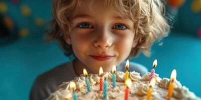 Child celebrates birthday with cake and candles in a joyful setting during a cheerful party with vibrant decorations photo