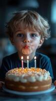 Child prepares to blow out birthday candles on a celebration cake in a cozy indoor setting photo