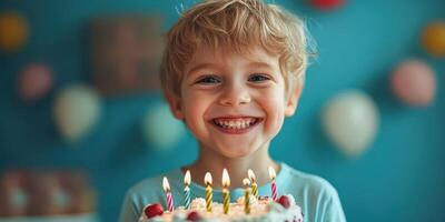 Joyful boy celebrating birthday with cake and candles in a colorful room filled with decorations photo