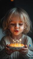 Child celebrates birthday by blowing out candles on a colorful cake in a cozy indoor setting photo