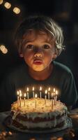 Child celebrating birthday with cake and candles in a softly lit room at night photo