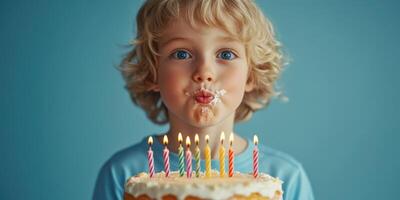 Joyful child celebrating birthday with cake and candles at home in a cheerful setting photo