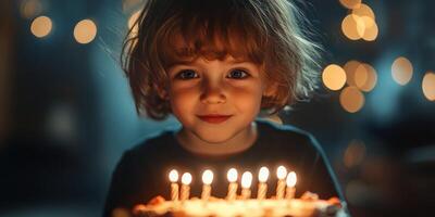 Happy child celebrating birthday with cake and candles in softly lit room photo