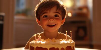 Boy joyfully celebrating his birthday with a cake and candles in a cozy home setting during the afternoon light photo
