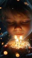 Child blowing out birthday candles, celebrating a special moment with joy and wonder photo