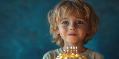Young boy smiles brightly while holding a birthday cake with lit candles against a blue backdrop photo