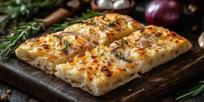 Freshly baked focaccia bread topped with aromatic herbs and onions served on a wooden board photo
