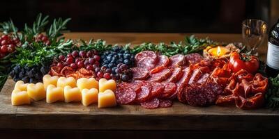 Delicious charcuterie board with fresh fruits, cheeses, and garnishes arranged for a gathering photo