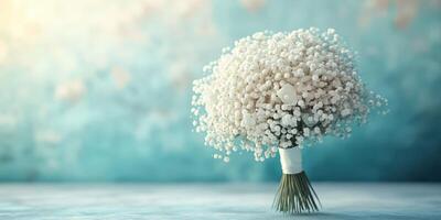 Delicate white flower bouquet against a soft blue background showcasing simple elegance for any occasion photo