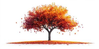 Vibrant autumn tree with falling leaves in a serene landscape during the fall season photo
