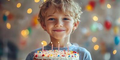 Young boy smiles joyfully while holding a decorated birthday cake with lit candles in a festive environment photo
