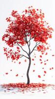 Vibrant red tree shedding leaves in a serene setting during autumn season photo