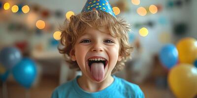 Celebrating a joyful birthday party with a young child wearing a blue party hat and colorful balloons in a festive setting photo