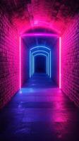 Vibrant neon-lit corridor with pink and blue lights illuminating an atmospheric brick tunnel photo