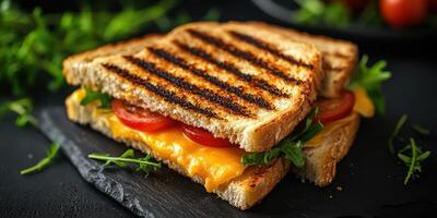 Deliciously grilled cheese sandwich with fresh greens and tomatoes served on rustic slate photo