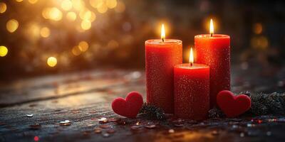 Warm and inviting red candles surrounded by hearts and festive decorations create a cozy atmosphere for celebration photo
