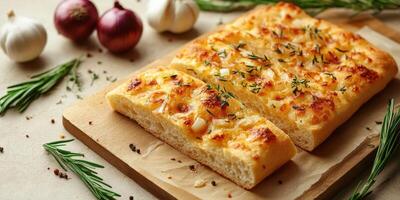 Freshly baked focaccia bread topped with herbs and garlic on a wooden board photo
