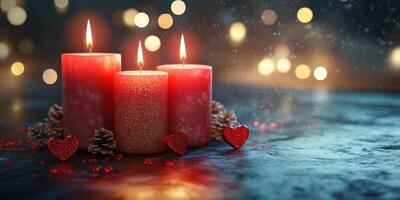 Decorative red candles with heart shapes and pinecones create a warm atmosphere in a cozy setting photo
