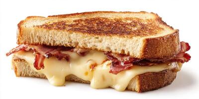 Delicious crispy bacon and melted cheese sandwich made with toasted bread served on a white background photo