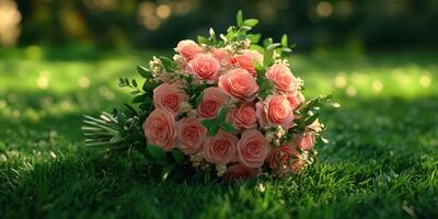 Fresh bouquet of pink roses resting on lush green grass in a serene outdoor setting during the late afternoon photo