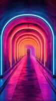 Colorful neon tunnel illuminated with bright lights creating an enchanting atmosphere at night photo