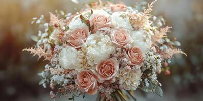 Beautiful bouquet of pink and white roses with greenery captured during golden hour in a serene garden setting photo