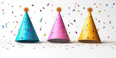 Colorful party hats and confetti create a festive atmosphere for celebrations photo