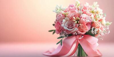 Beautiful pink rose bouquet with white flowers and ribbon in soft light background photo