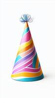 Colorful party hat designed with vibrant patterns, perfect for celebrations and festive occasions, displayed against a clean background photo
