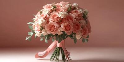 Beautiful pastel bouquet of roses and delicate flowers on a soft pink background designed for special occasions photo