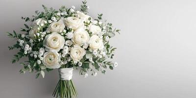 Elegant white flower bouquet featuring ranunculus and eucalyptus arranged for a special occasion photo