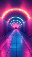 Neon lights illuminate a modern tunnel creating a vibrant urban atmosphere at night photo